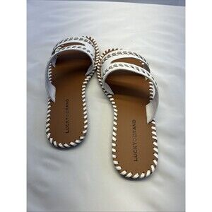 Lucky Brand Zanora Flat Sandal 2 Strap White/Gold Flat Women SZ 7.5 NEW in Box
